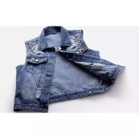Chaleco Denim Vintage Chaleco Casual de Una Sola Pared para Mujeres Decoración de Cuentas Sueltas - details 9