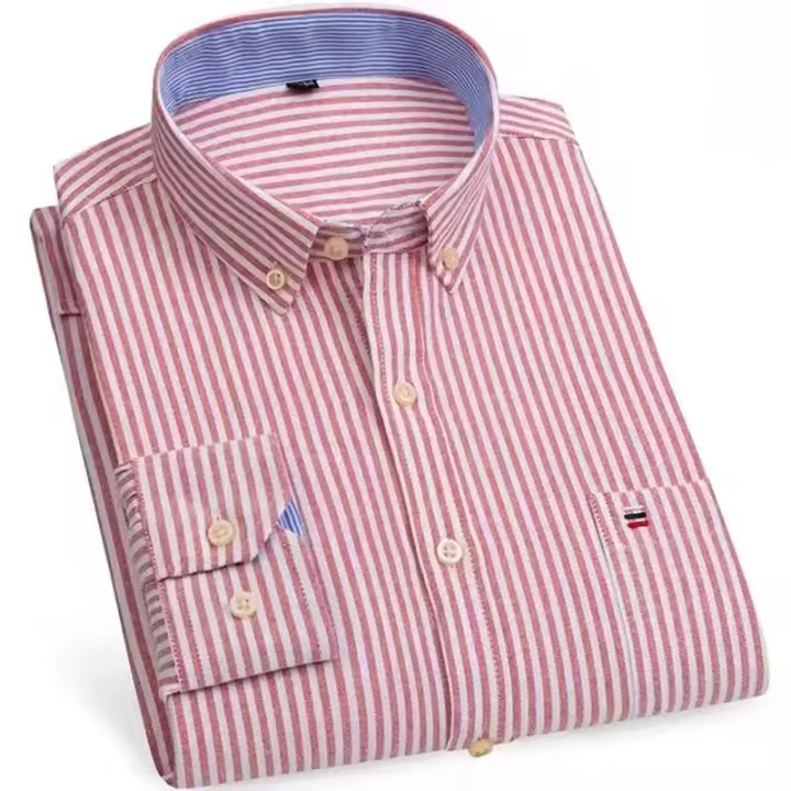 Camisas de algodón Oxford a cuadros informales y versátiles para hombre, con un solo bolsillo, manga larga, ajuste estándar, con botones, a rayas de guingán, 7XL, 6XL - 1