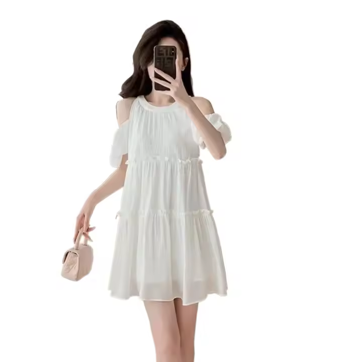 Vestido de primer amor francés con temperamento, Falda corta holgada de Súper Hada con diseño suave y hombros descubiertos - 1