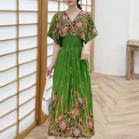 Casual bohemio estilo nacional con cuello en V cintura elástica gran Swing impreso verano Falda larga mujer vestido ropa - details 21