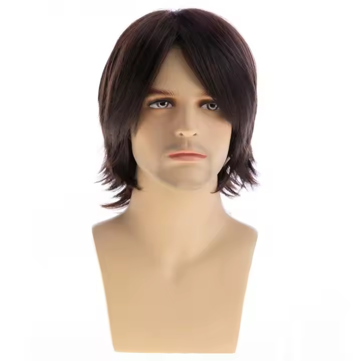 Pelucas sintéticas de longitud media para Cosplay para hombres, peluca de cola de lobo, pelucas de cabeza de salmonete Hippie para hombre, pelo largo marrón realista Natural para fiesta - 1