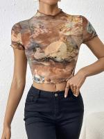 Nueva camiseta de manga corta elegante con estampado de malla, camisetas de manga corta con ribete de oreja de madera para mujeres - details 19