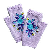 Guantes cálidos sin dedos para mujer, calentadores térmicos de punto con flores bordadas, invierno frío - details 3