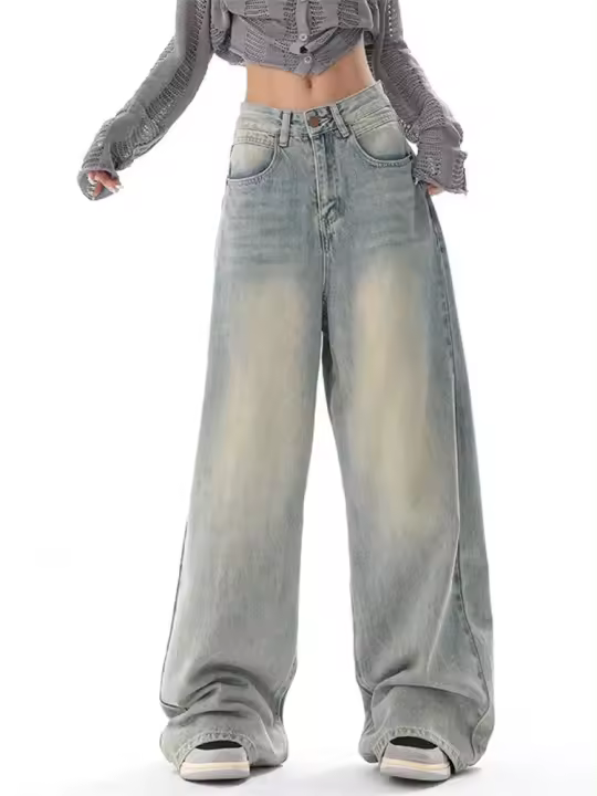 Pantalones vaqueros exquisitos retro lavados de pierna recta de cintura alta pantalones de estilo casual - 1