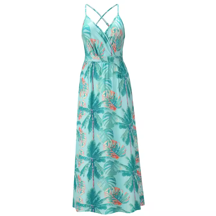 Vestidos largos con cuello en V para mujer, sin mangas, cintura alta, estampado Azul Marino - 1
