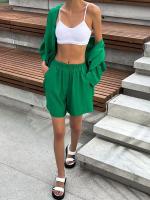 Conjunto de dos piezas de camisa de manga larga con cuello vuelto, botones y bolsillo, y pantalones cortos anchos de pierna, de algodón, estilo primaveral/veraniego. - details 12