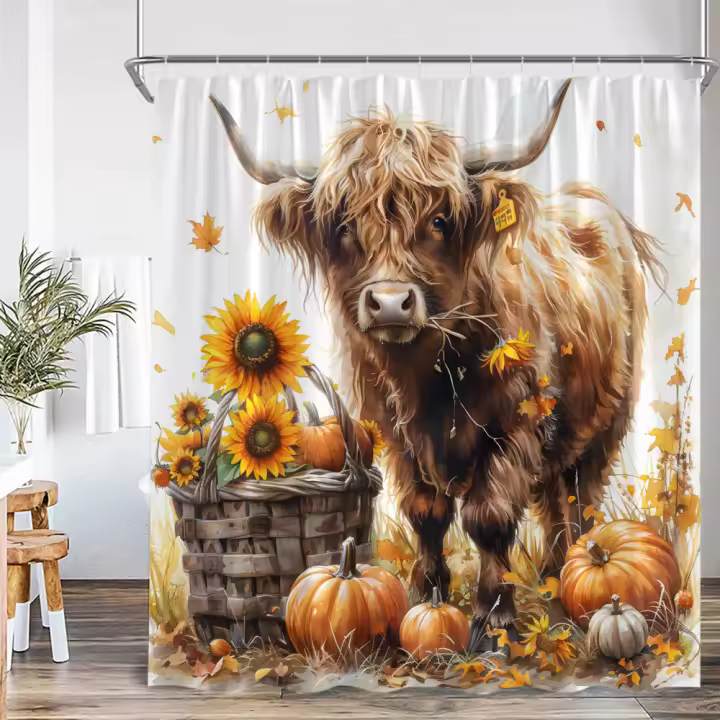 Cortina de ducha de dibujos animados de otoño, temporada de cosecha de vaca de las tierras altas, calabaza, girasol, granja, decoración de baño de otoño, cortina de baño con gancho - 1