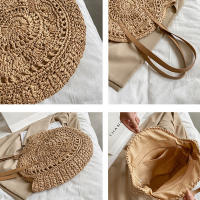 Bolso redondo de paja para mujer, bolsa de hombro de gran capacidad, tejido hueco, informal, ideal para ir de compras - details 15