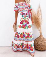 Vestido Largo para Mujer Verano 2025 Escote Palabra de Honor con Estampado de Flores Rojas - details 10