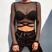 Top corto de manga larga para mujer, camisa de malla ahuecada, vendaje - details 2
