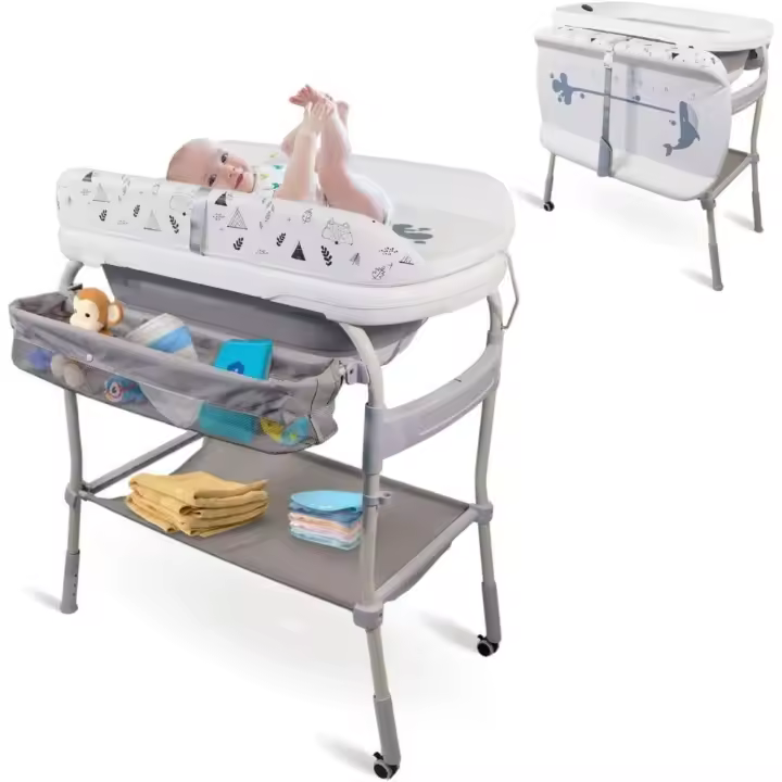Cambiador de bebés con bañera 2 en 1, Trendy, Ajustable 4 alturas, Termómetro, Ruedas freno, Cesta almacenamiento, Hasta 50 kg, Tubo desagüe, 0-36 meses - 1