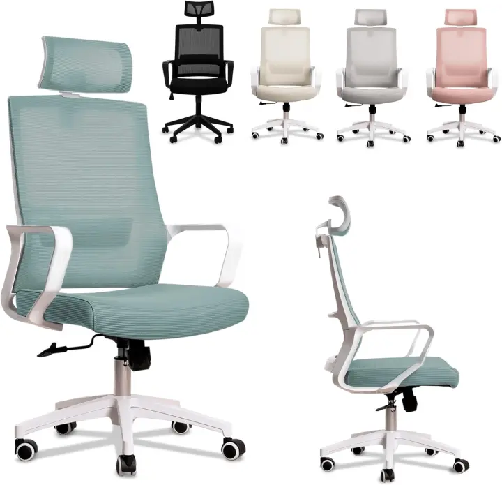Silla de Oficina Ergónoma Ajustable, Reclinable, Soporte Lumbar, Altura Ajustable, Transpirable, Ruedas Giratorias 360° Soporte hasta 100kg Marco Beige - 1