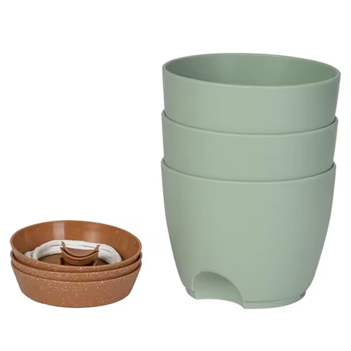 Macetas de autorriego para plantas de interior, paquete de 3 macetas de 6,5 pulgadas con agujeros de drenaje y Cuerda de mecha, color verde - 1