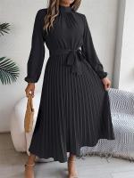 Vestido plisado elegante con cuello levantado y manga larga y cintura cerrada para mujer, vestido largo de Otoño Invierno - details 5