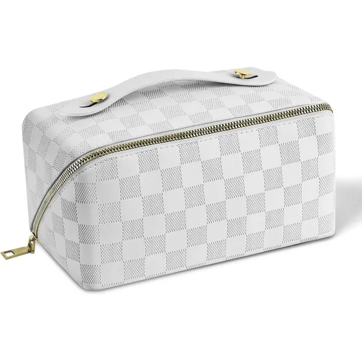 Bolsa de cosméticos de Viaje de Gran Capacidad para Mujeres y niñas, Bolsa de Maquillaje de Almacenamiento en Capas Impermeable de Cuero de PU, con asa Organizador de Viaje portátil - 1