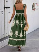 Vestido largo con tirantes y espalda desplegada para mujer, ribete elástico plisado con estampado vintage, cómodo, informal, para vacaciones - details 4