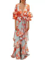 Vestidos de fiesta con volantes estampados para mujer, Vestido largo con manga acampanada y escote en V profundo, Vestido bohemio Irregular con cintura atada a la moda - details 3
