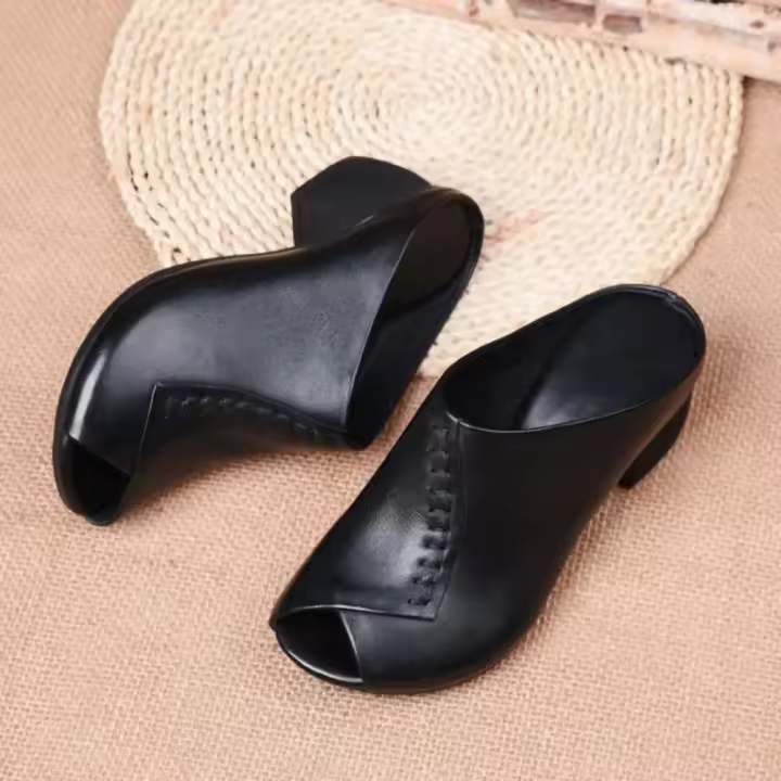 Sandalias de Tacón Grueso de Cuero Suave Diseño de Boca de Pescado Cómodas y Versátiles para Mujeres Zapatos de Moda - 1
