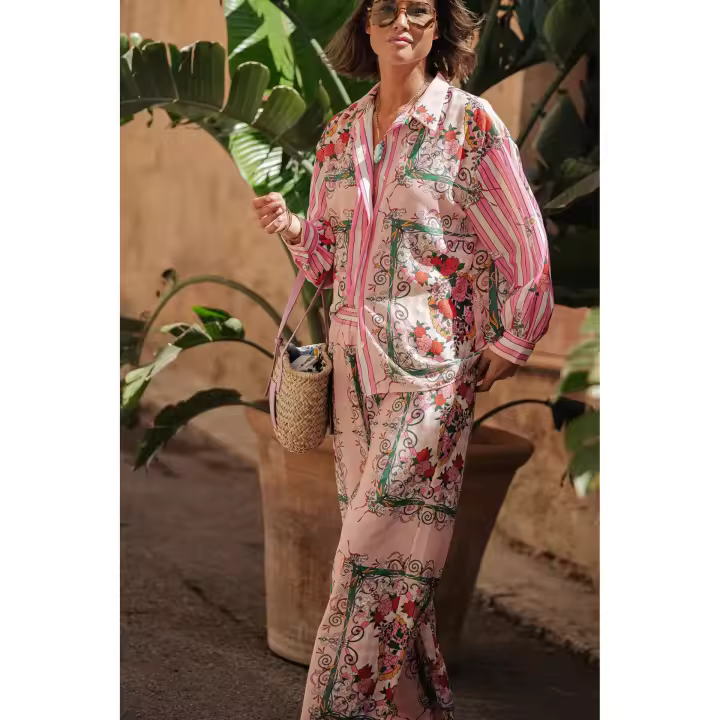 Conjunto de dos piezas de manga larga informal para vacaciones, estilo holgado con estampado y bolsillo, primavera/otoño 2024 - 1