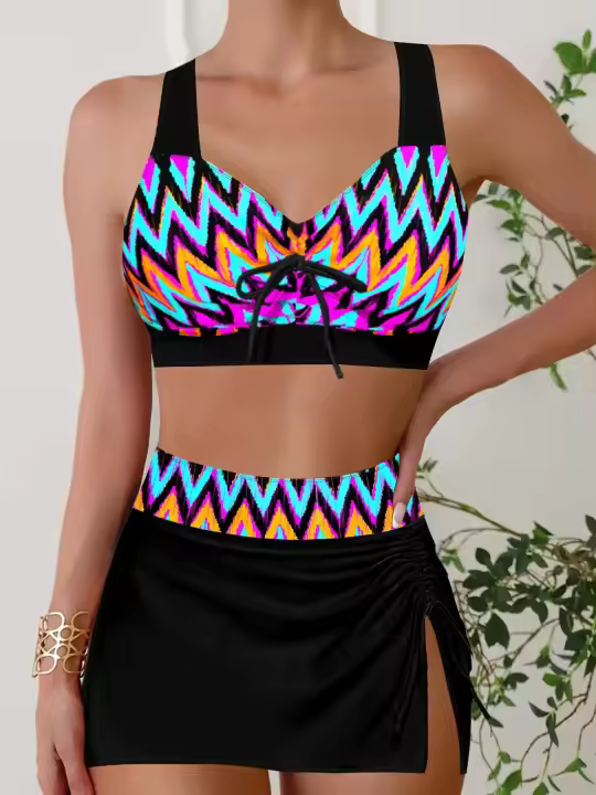 Bañador de alta calidad para mujer, traje de baño con estampado de ondas, falda corta, tankini, conjunto de dos piezas, S-6XL - 1