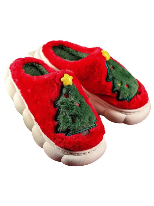 Elrachen Pantuflas de felpa con estampado de árbol de Navidad para mujer, fuego rojo, tallas 6-11 - 1