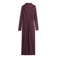 Vestido de cuello redondo para mujer, minivestido plisado de manga larga con espalda, color sólido, nable, para otoño - details 7