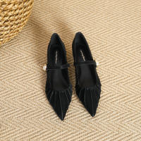 Zapato con punta puntiaguda, hebilla de perla, tacón bajo, hoja de loto arrugada, punta puntiaguda, suela plana. - details 22