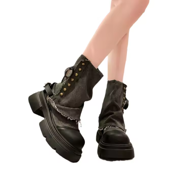 Botas de pantalón con suela gruesa para mujer 2025 nuevo otoño botas cortas de vaquero occidental pastizales estilo británico botas Martin tacón alto tacón grueso - 1