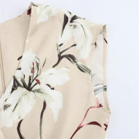 OUWU- Vestido Midi De Satén Con Estampado Floral Para Mujer De, Escote En V, Mangas Cortas, Detalles Plisados, Abertura En La Espalda, Cremallera Invisible, Vestido De Primavera Y Verano, Nueva Falda Elegante Informal - details 5