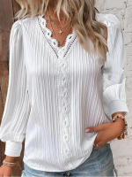 Blusa Elegante De Mujer En Chiffón Negro Con Diseño De Encaje Y Vuelta En El Cuello Simple Manga Flare Tratamiento De Hollow out Para Oficina - details 3