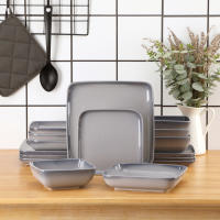 LOVECASA-Juego de cena para 4, vajilla de gres, servicio de 16 piezas con plato de cena/postre/sopa, tazón de cereales, gris degradado - details 0