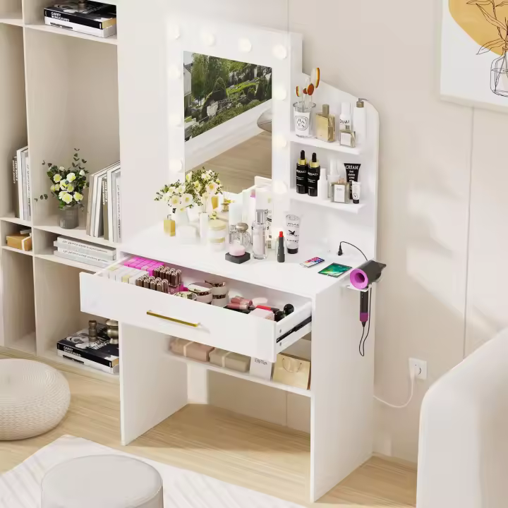 Rcynview Mesa de Vaneo Moderna de Metal con Espejo y Luz Base de Carga, Silla, 3 Modos de Iluminación, 1 Cajón Grande - 1