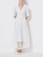 Elegante Vestido Maxi Blanco VGH Cuello en V, Manga Alta, Cintura Recortada, Adelgazante - details 4