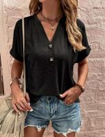 Camisa de manga corta para mujer, moda de verano de algodón y lino, blusa elegante de cuello en v, camiseta sólida suelta, tops Casuales - details 1