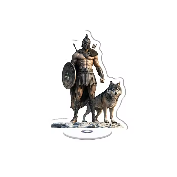 Adorno acrílico giratorio con un majestuoso guerrero espartano y un lobo en colores vibrantes, ilustración detallada de cuerpo completo sobre un fondo blanco brillante. - 1