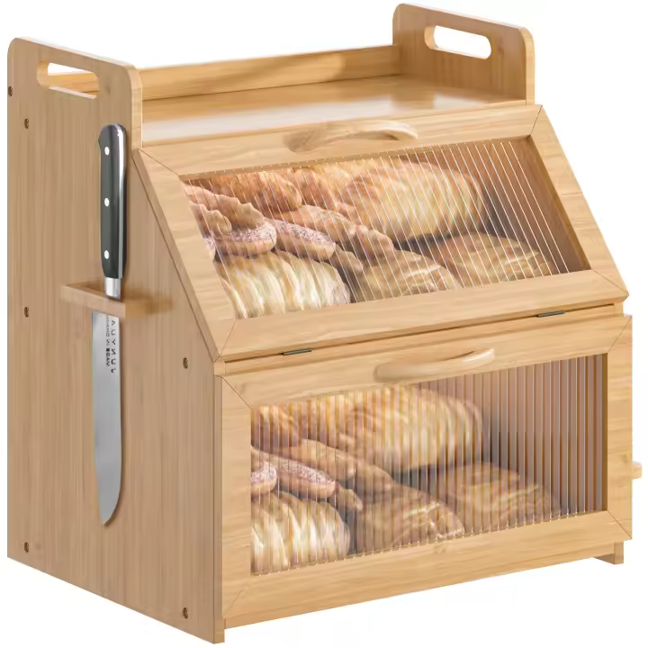Caja de pan Caja de pan para encimera de cocina Pan casero Caja de pan de madera de granja Caja de pan doble con ventana acrílica soporte para pan Marrón - 1