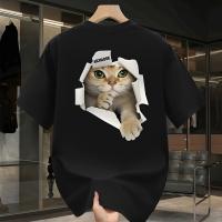 Camiseta gráfica para hombre 100% algodón pesado - Camiseta de manga corta con estampado geométrico y gato juguetón, talla grande, ajuste regular, camiseta informal de verano para adolescentes y adultos jóvenes - details 5