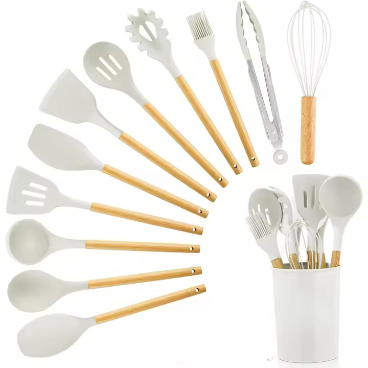 Juego de utensilios de cocina antiadherentes, utensilios de silicona con mango de madera, resistentes al calor, 12 piezas - 1