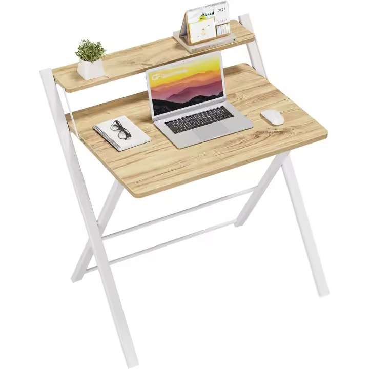 Escritorio Plegable con Estante del Monitor,Escritorio de Oficina deTamaño Pequeño sin Montaje,Escritorio Pequeño para Espacio Pequeño, Beige - 1