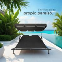 Tumbona Doble de Jardín, Tumbona de Playa con Sombrilla Plegable, Tumbona de Piscina para Dos, Tumbona de Jardín Exterior con 2 Ruedas y Cojines, Fácil Montaje, Interior y Exterior - Negro/Negro - details 7