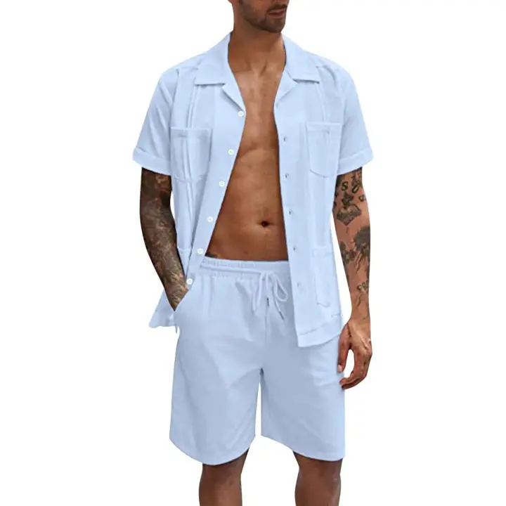 Traje casual minimalista de pantalones cortos de lino de manga corta - 1