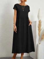 Vestido retro liso elegante de lino y algodón de manga corta con cuello redondo para mujer, vestido suelto informal de verano 2023 - details 4