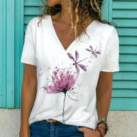 Camiseta de Manga Corta con Cuello en V Moda Blanca para Mujeres Estampado 3D de Lavanda - details 25