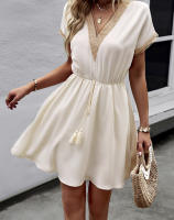 DamasVVestido de manga larga con cuello de linternas, vestido de camisa de longitud media con borla, cinturón, Vestido de playa - details 2
