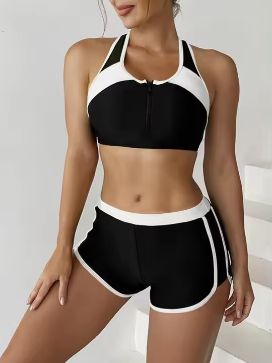 Conjunto deportivo de 2 piezas para mujer, traje de baño de color liso con cremallera, ropa de playa, novedad de 2025 - 1