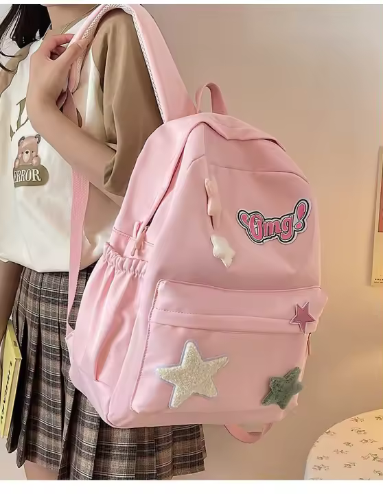 Mochila Escolar de Nylon Estilo Bosque Color Crema Gran Capacidad para Estudiantes de Secundaria - 1