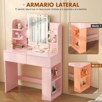 Tocador de Maquillaje con Luces LED, Brillo Ajustable, Mesa de Maquillaje con Espejo, con 2 Cajones Grandes y 4 Estantes Abiertos y Taquilla Lateral, Moderno, 90x40x135cm, Blanco - details 29
