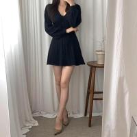 Falda corta de punto para mujer, ropa elegante de manga larga con cuello puntiagudo, usada, negra, invierno - details 34