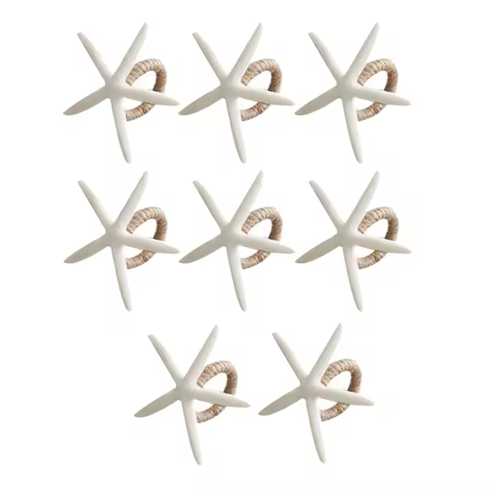 Juego de anillos de servilleta hechos a mano, soporte de anillo de servilleta de estrella de mar de imitación blanca para boda, fiesta, mesas de comedor, 8 Uds. - 1