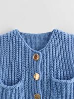Chaleco de Punto sin Mangas de Moda Coreana para Mujer Cuello en V, Botón Azul, Bolsillos de Adelante, Rojo - details 25
